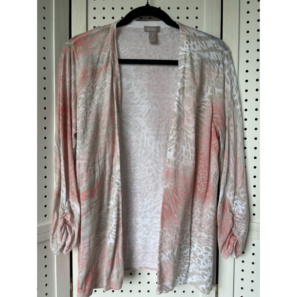 Chico's 2 (12/14) Lg Womens Open Front Light Sweater Cardigan 3/4 SLV Linen/CTN